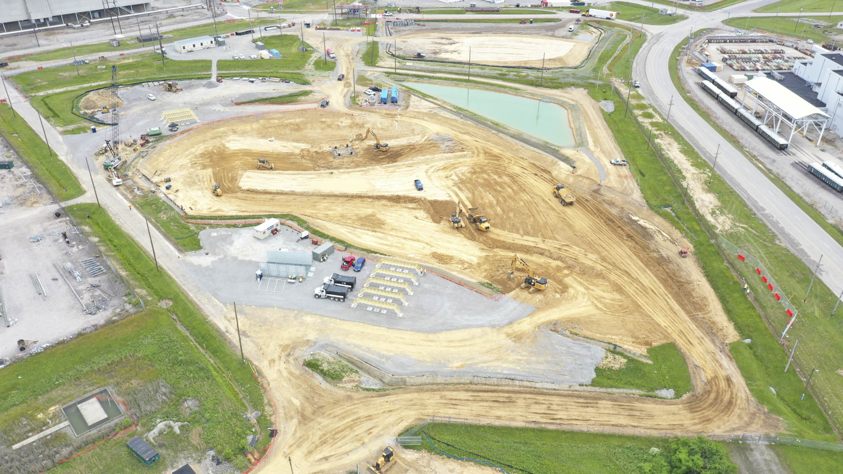 Aerial view looking east at the X-740 as operations continue blending and loading impacted soil for placement at the PORTS On-Site Waste Disposal Facility.